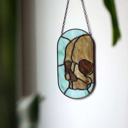Buntglas-Anhänger Schädel Seafoam